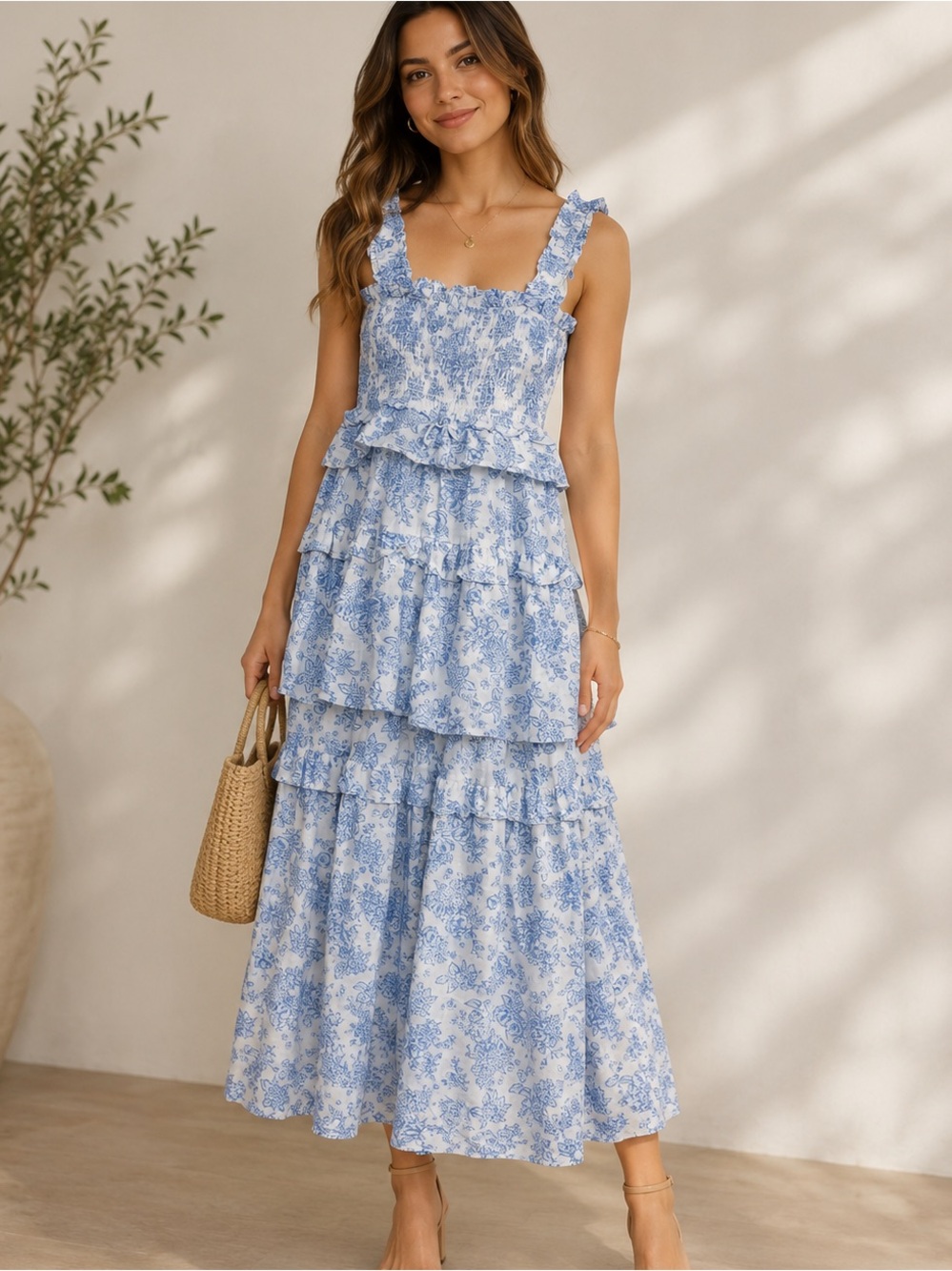 Maisie Floral Smocked Ruffle Cotton Maxi Dress